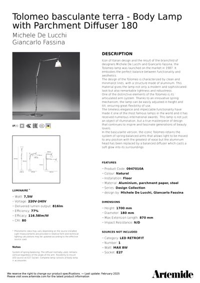 Tolomeo Basculante podna lampa tehnički list