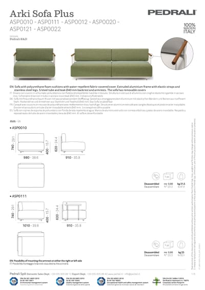 Pedrali Arki-Sofa Plus tehnički list