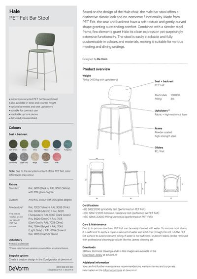 Hale PET Felt barska stolica tehnički list