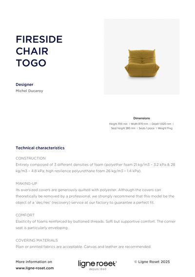 Togo Fireside fotelja tehnički list