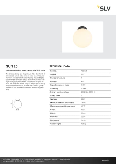 SUN 20 tehnički list